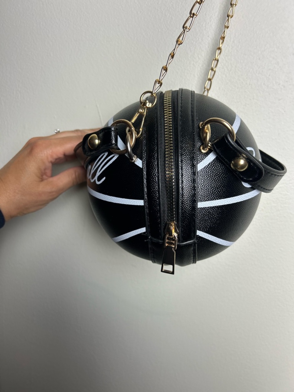 Black 'Basketball' Novelty Crossbody Bag with Gold Chain Strap - Picture 4 of 10